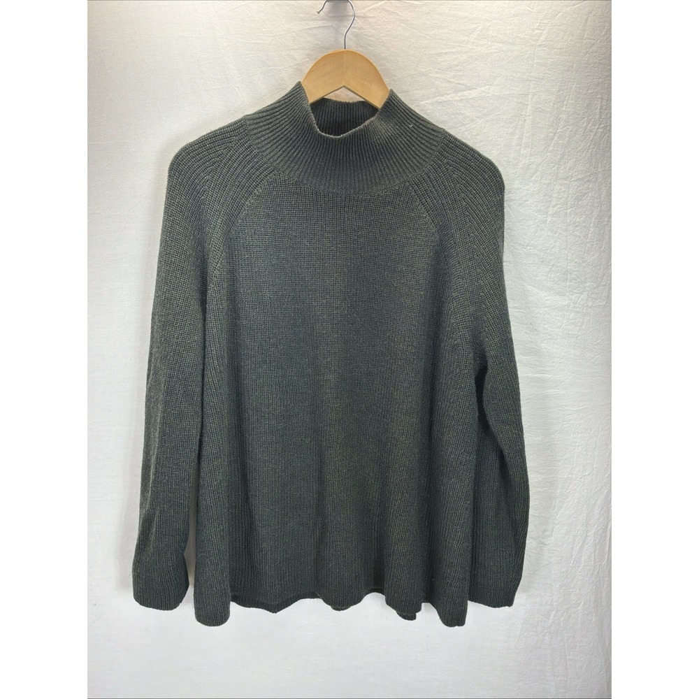 Eileen Fisher Dark Green boxy ribbed Sweater Merino Wool Mock Neck Pullover LG